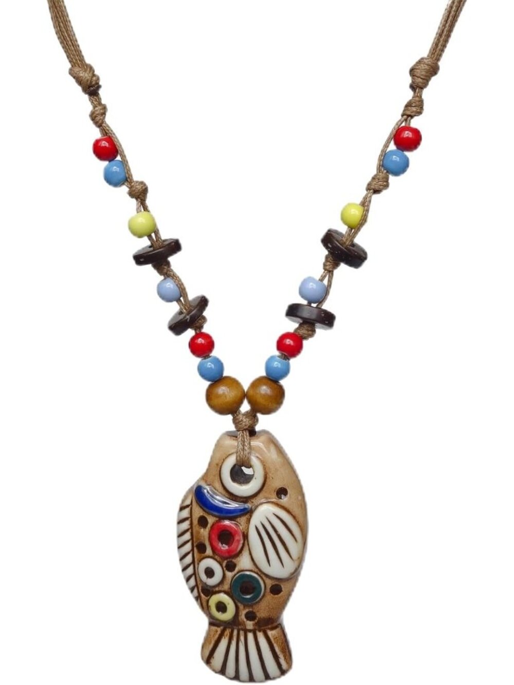 Boho Coastal Ceramic Fish Pendant Necklace, Adjustable Beaded Strand Jewelry for